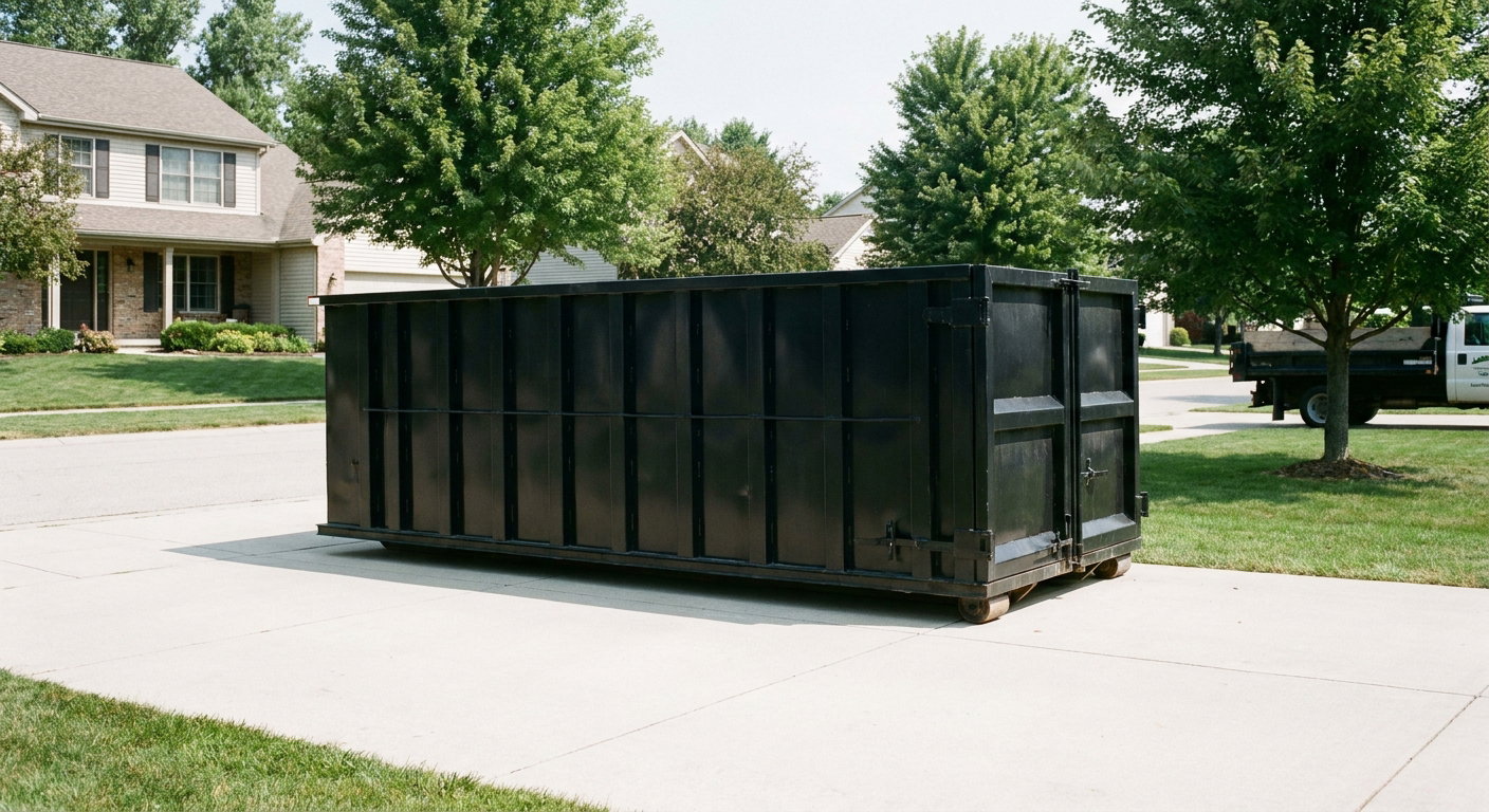 Matte-black 20-yard roll-off dumpster sitting level on a clean Laguna Niguel residential concrete driveway under bright daylight, demonstrating clean placement directly on the concrete.