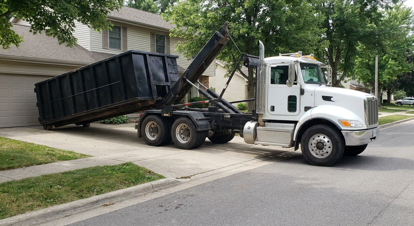 White-cab hooklift roll-off truck actively lowering a matte-black dumpster onto a Laguna Niguel residential concrete driveway, the dumpster's rear wheels touching the driveway as the hoist arm tilts the bed forward, mid-morning daylight.