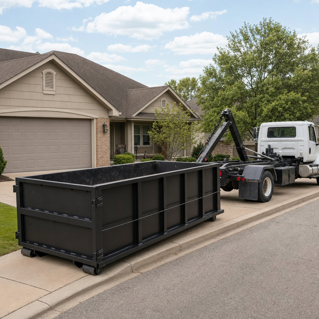 Wide documentary shot of a matte-black roll-off dumpster on a Laguna Niguel residential driveway in the foreground and a contractor jobsite container in the soft-focus background, bright daylight, calm and orderly composition.